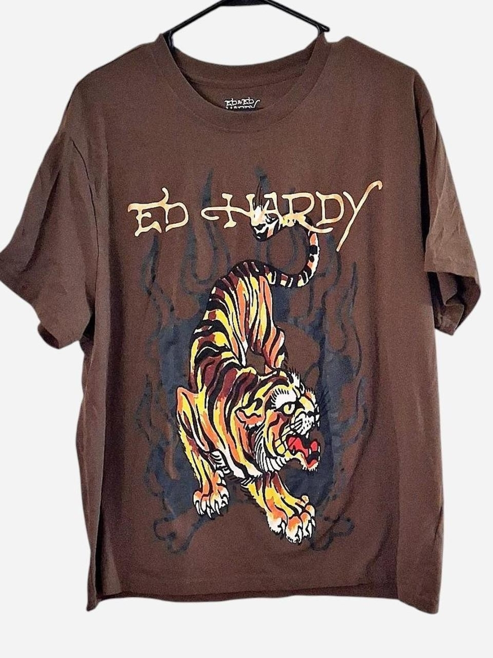 Ed Hardy Brown Short-Sleeve Tee with Fiery Tiger Graphic